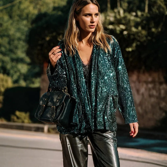 Evergreen Glitter Sequin Open Front Long Sleeve Top
