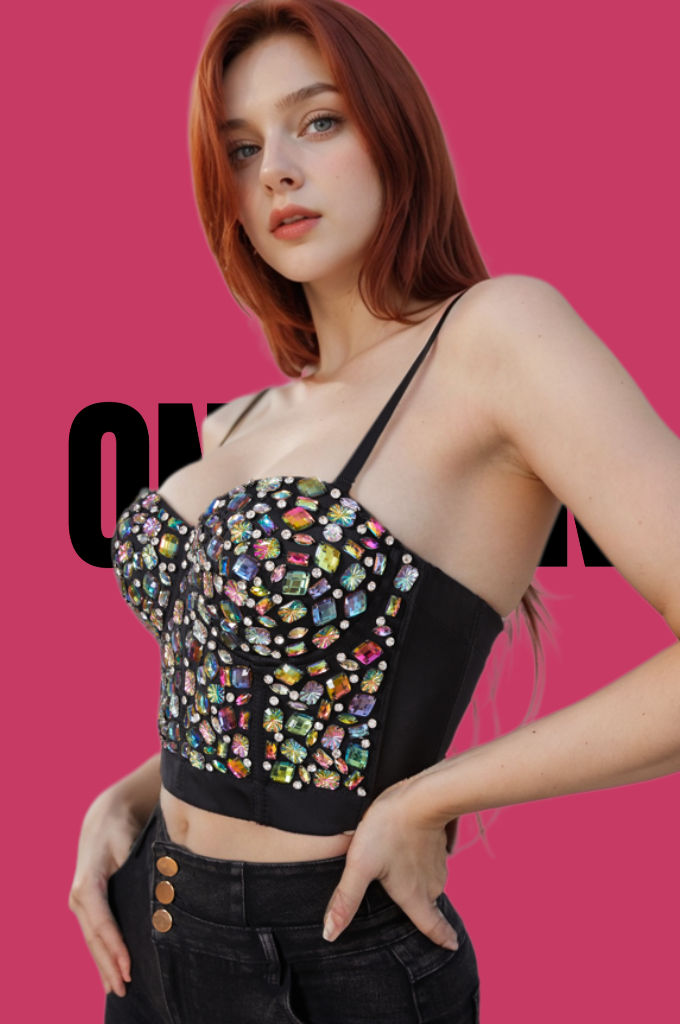 ONEPICK Colorful Rhinestone Bustier Crop Corset Cami Top