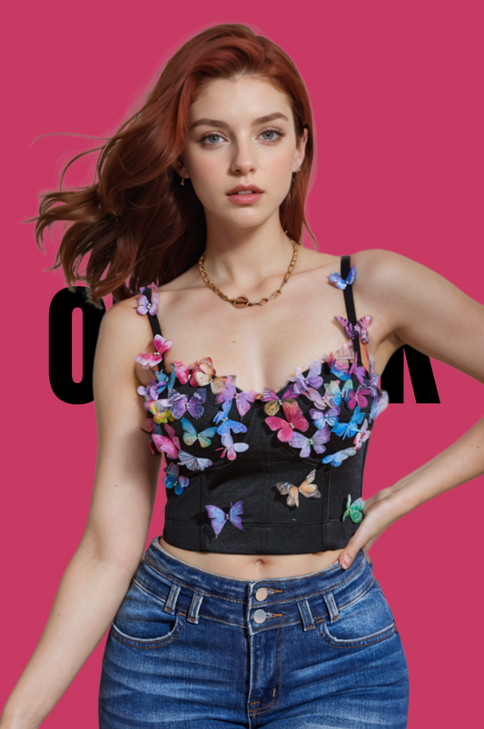 ONEPICK Colorful Butterfly Appliques Bustier Crop Cami Top