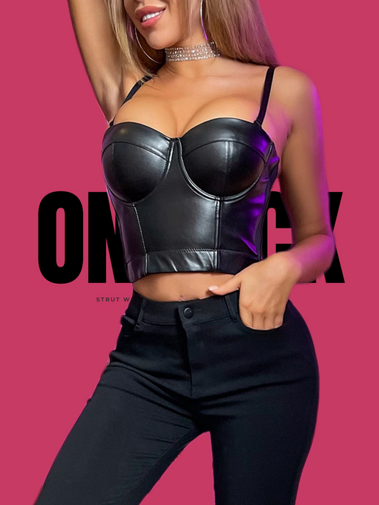 ONEPICK Black Solid Leather Look Bustier Crop Corset Top