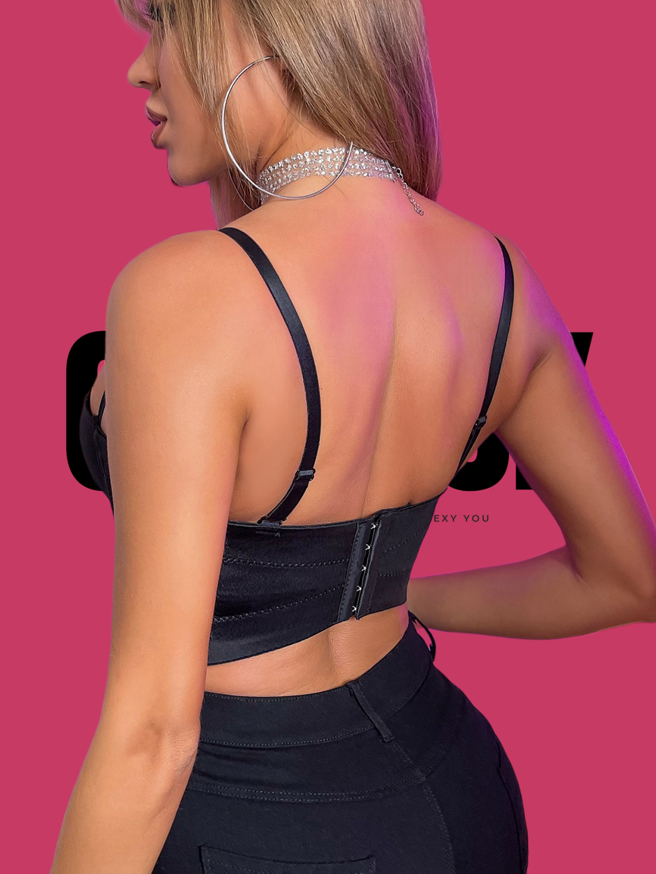 ONEPICK Black Solid Bustier Crop Corset Top