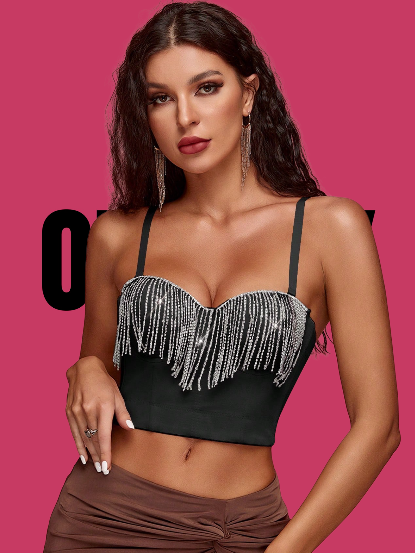 ONEPICK Black Rhinestone Fringe Trim Bustier Cami Top