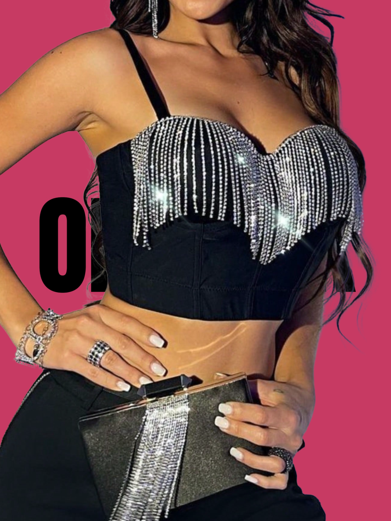 ONEPICK Black Rhinestone Fringe Trim Bustier Cami Top