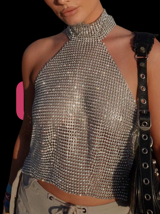 ONEPICK Metallic Silver Sparkling Rhinestone Backless Chain Link Tank Top