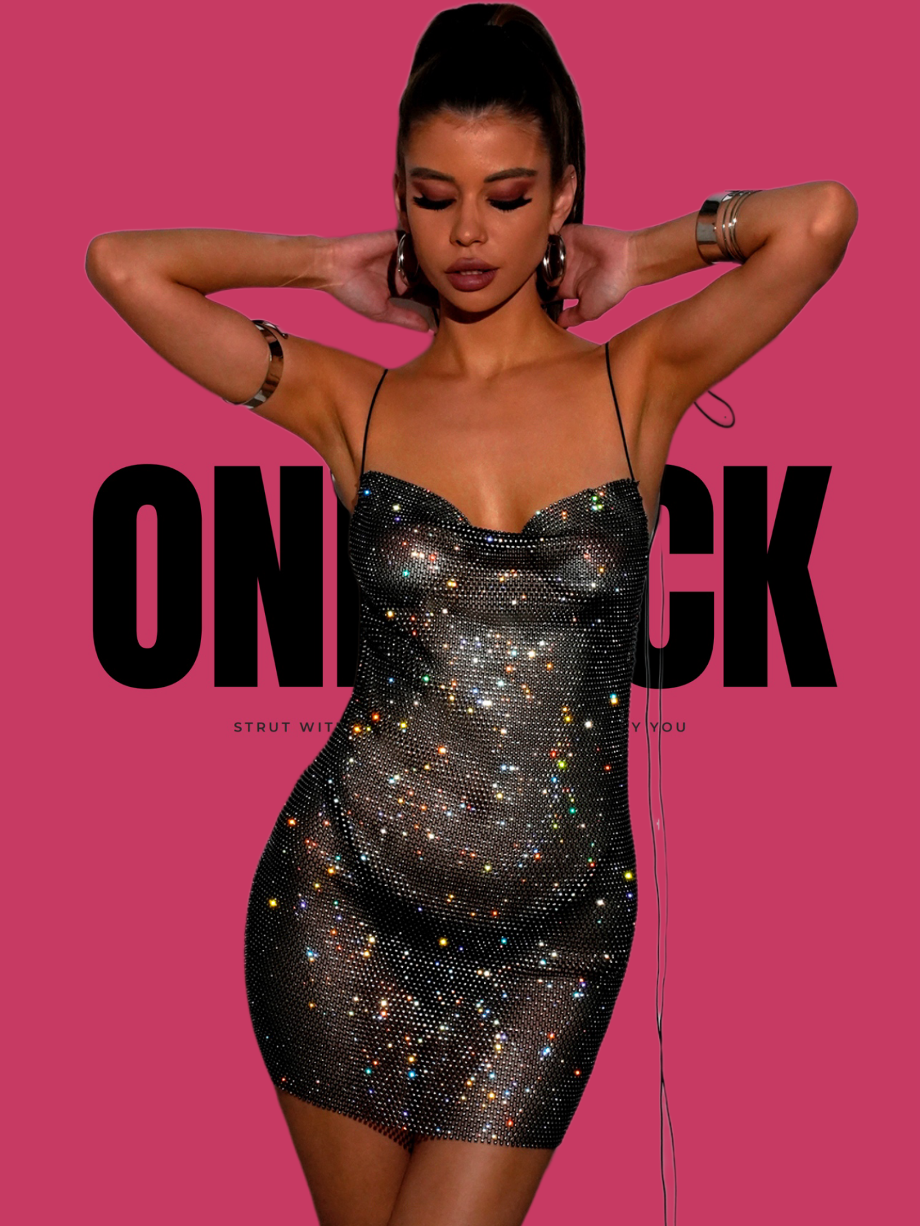 ONEPICK Glamorous Rhinestone Fishnet Sheer Mesh Tie Shoulder Backless  Bodycon Mini Dress