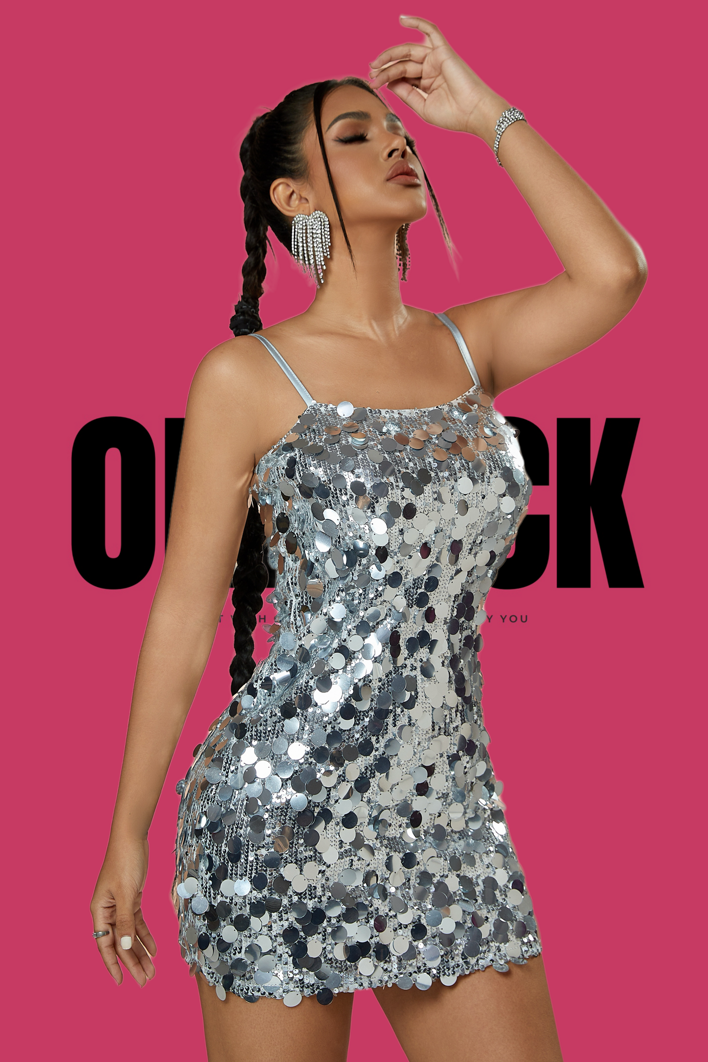 ONEPICK Silver Sequin Decor Cami Bodycon Club Mini Dress