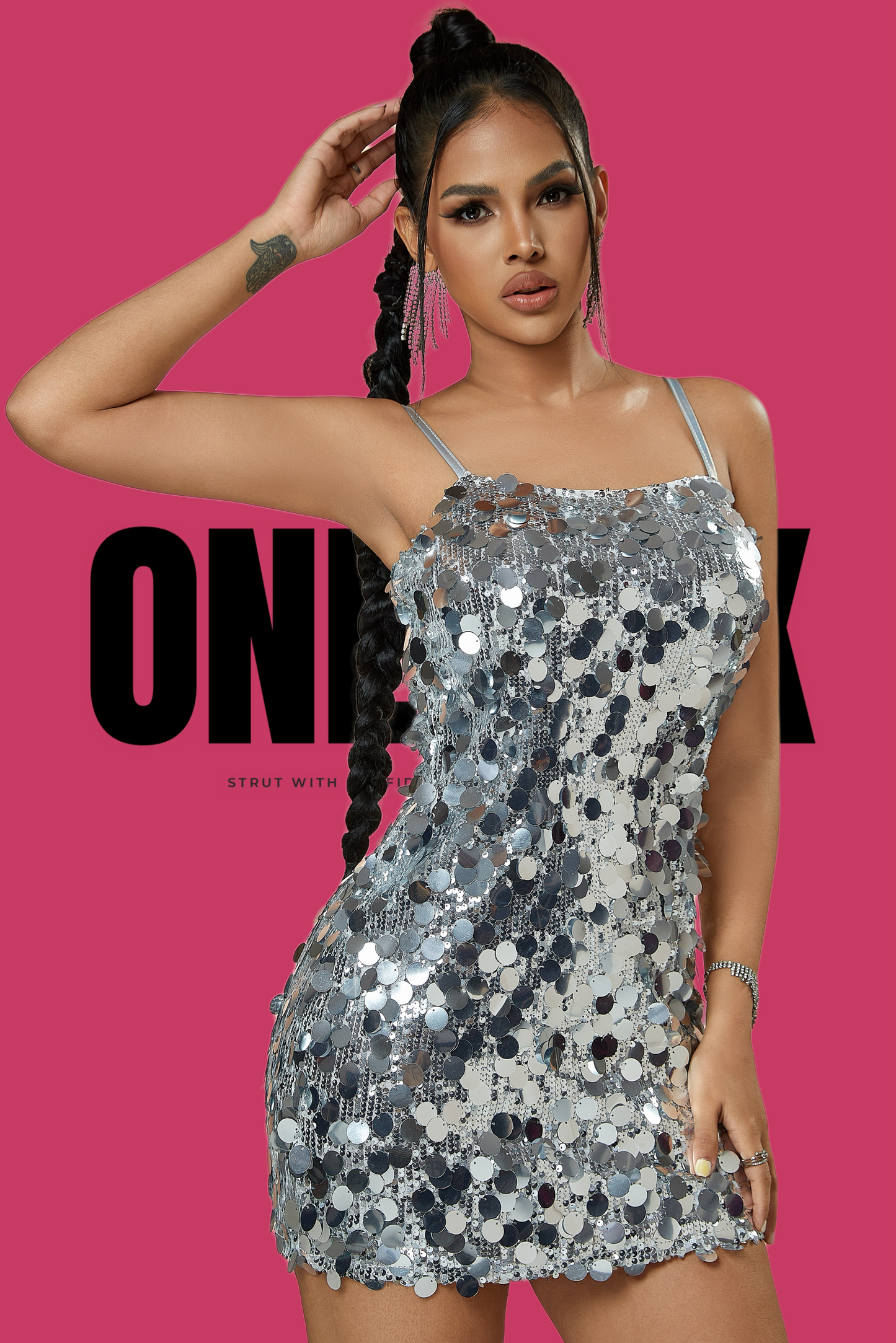 ONEPICK Silver Sequin Decor Cami Bodycon Club Mini Dress