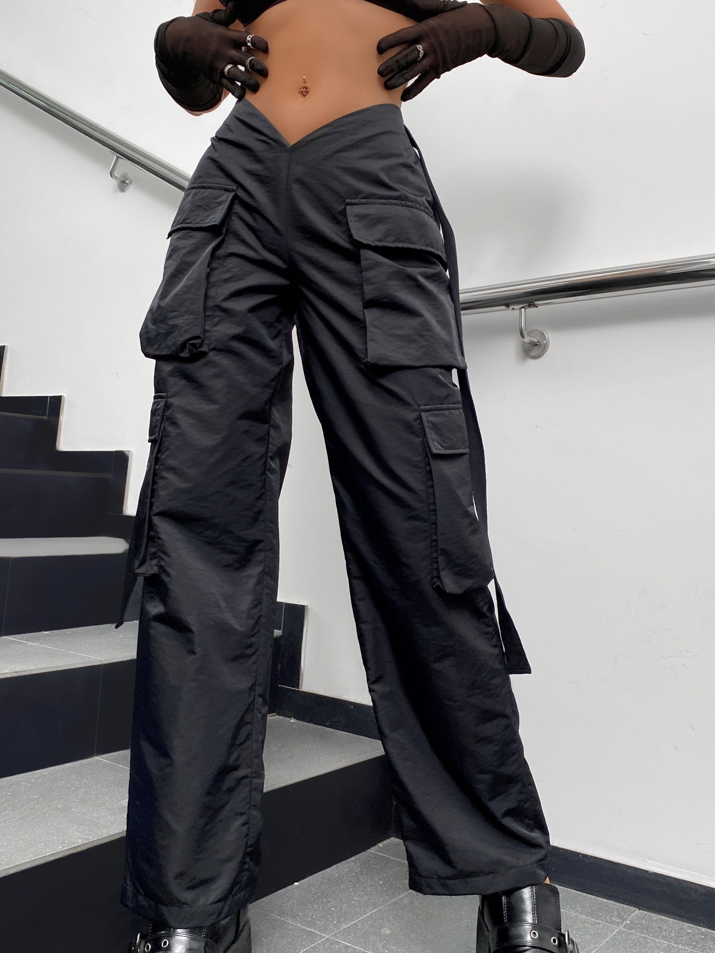 ONEPICK Black Street Vibes Tape Flap Pocket Side Cargo Parachute Pants