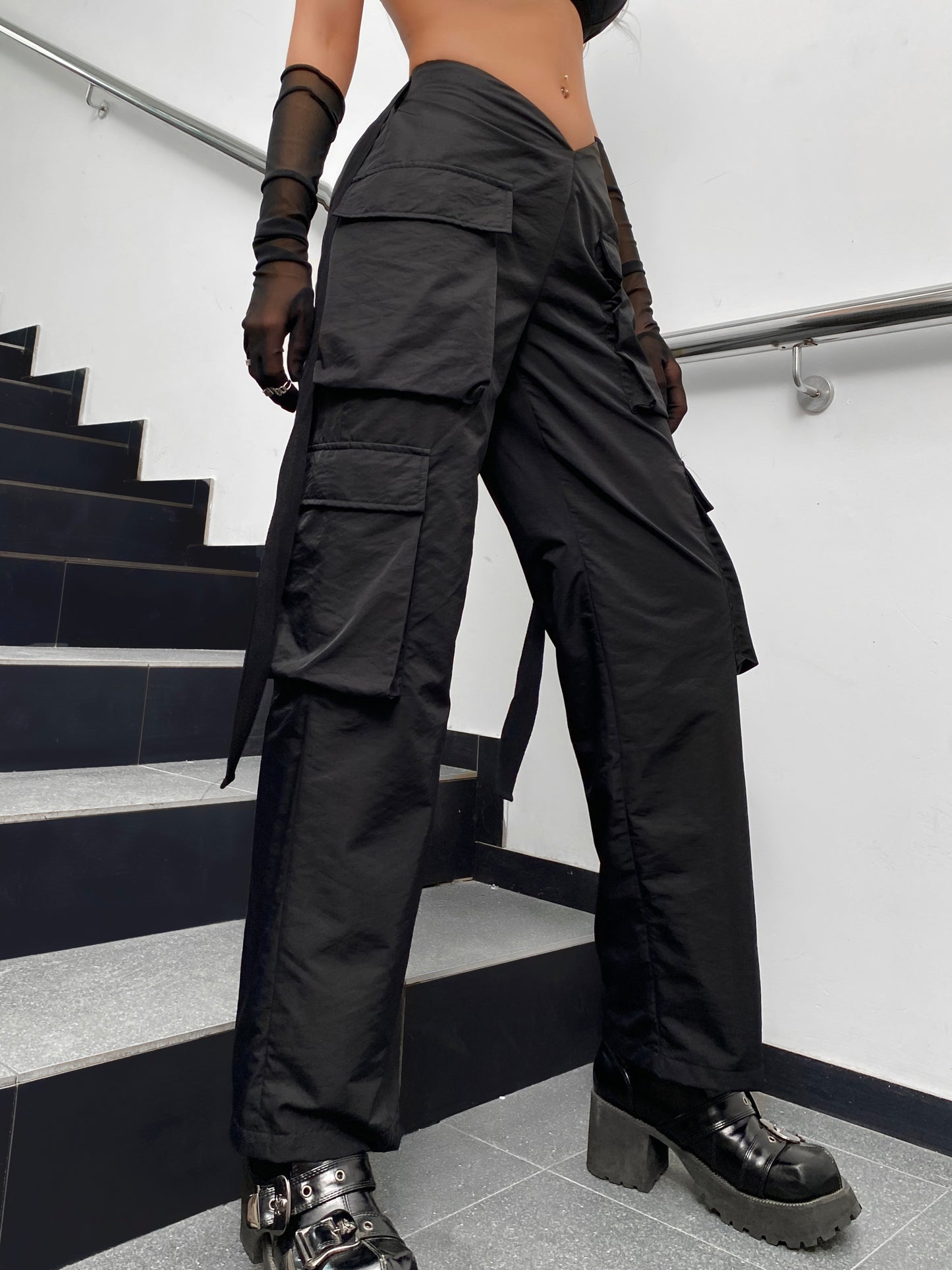 ONEPICK Black Street Vibes Tape Flap Pocket Side Cargo Parachute Pants