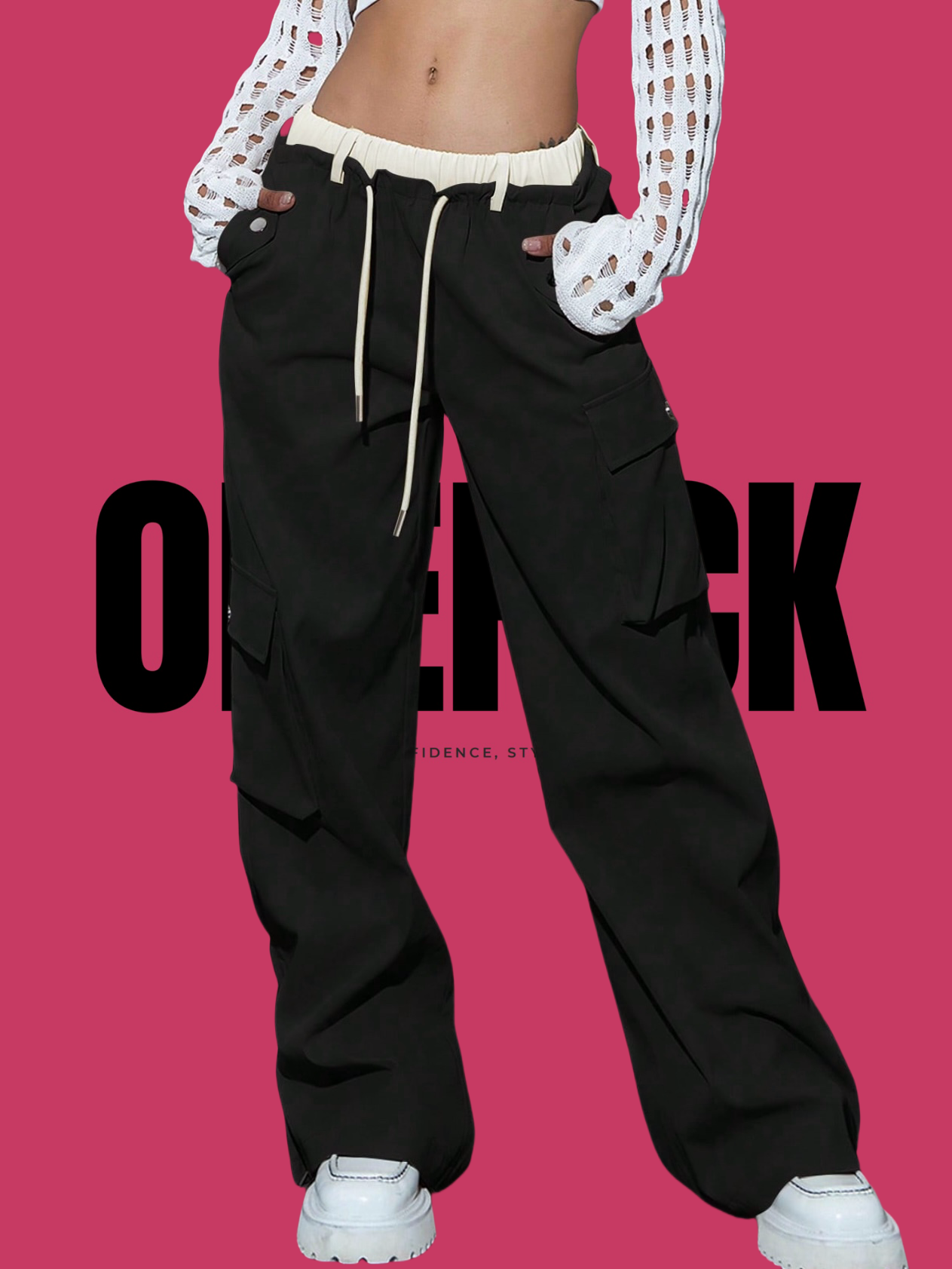 ONEPICK Black Contrast Waist Flap Pocket Parachute Pants