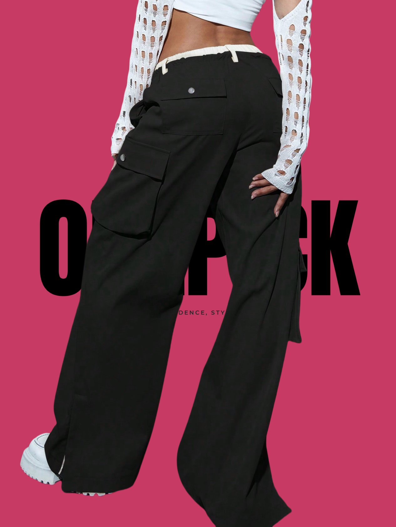 ONEPICK Black Contrast Waist Flap Pocket Parachute Pants