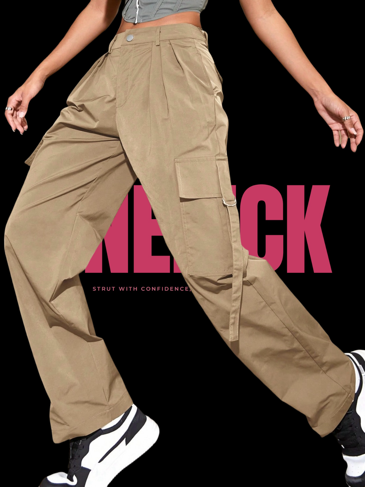 ONEPICK Flap Pocket Side Plicated Detail Cargo Pants