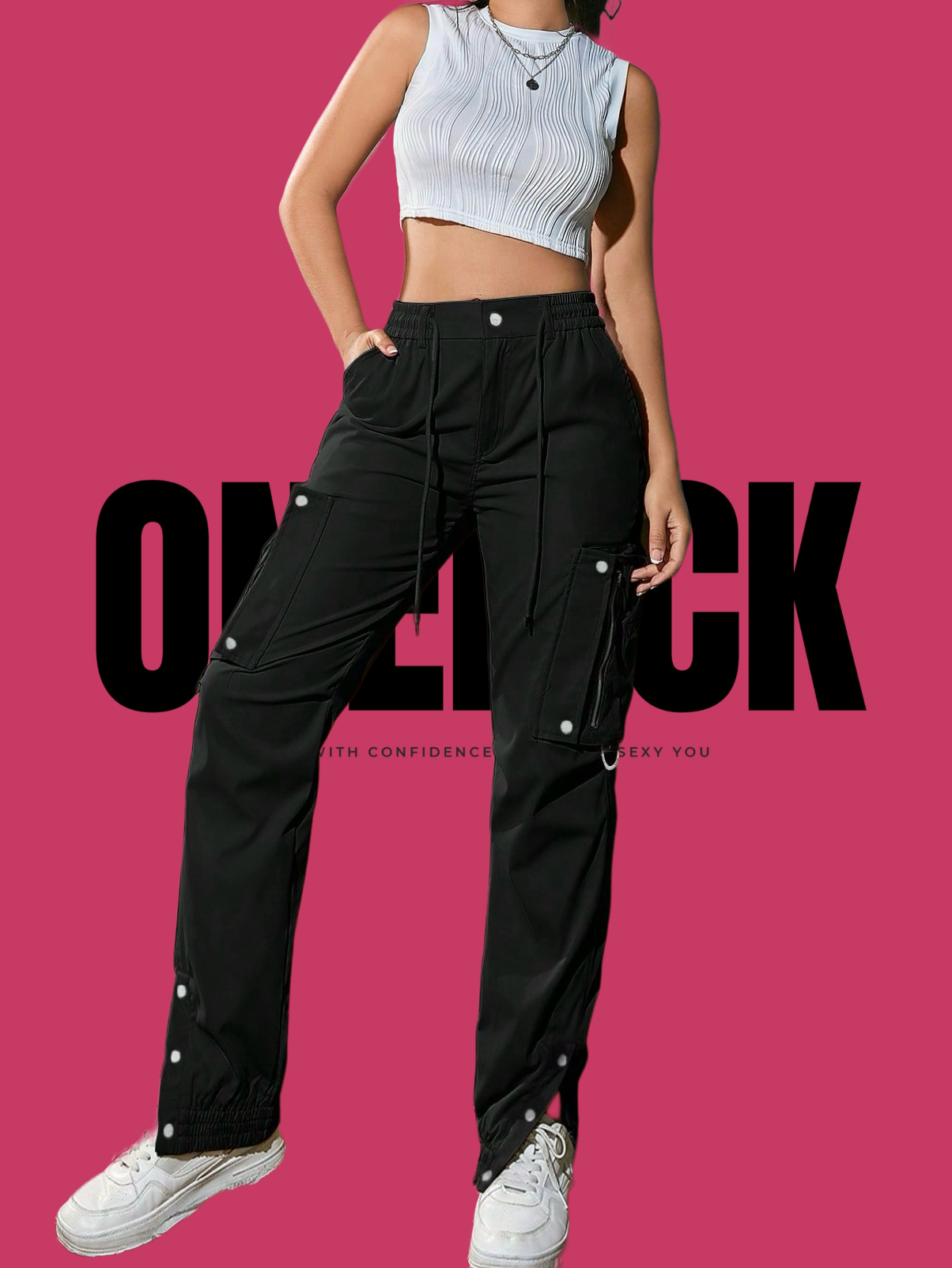 ONEPICK Black Elastic Waist With Drawstring Flap Pocket Zipper Detail Metal Button Slit Hem Cargo Jogger Pants