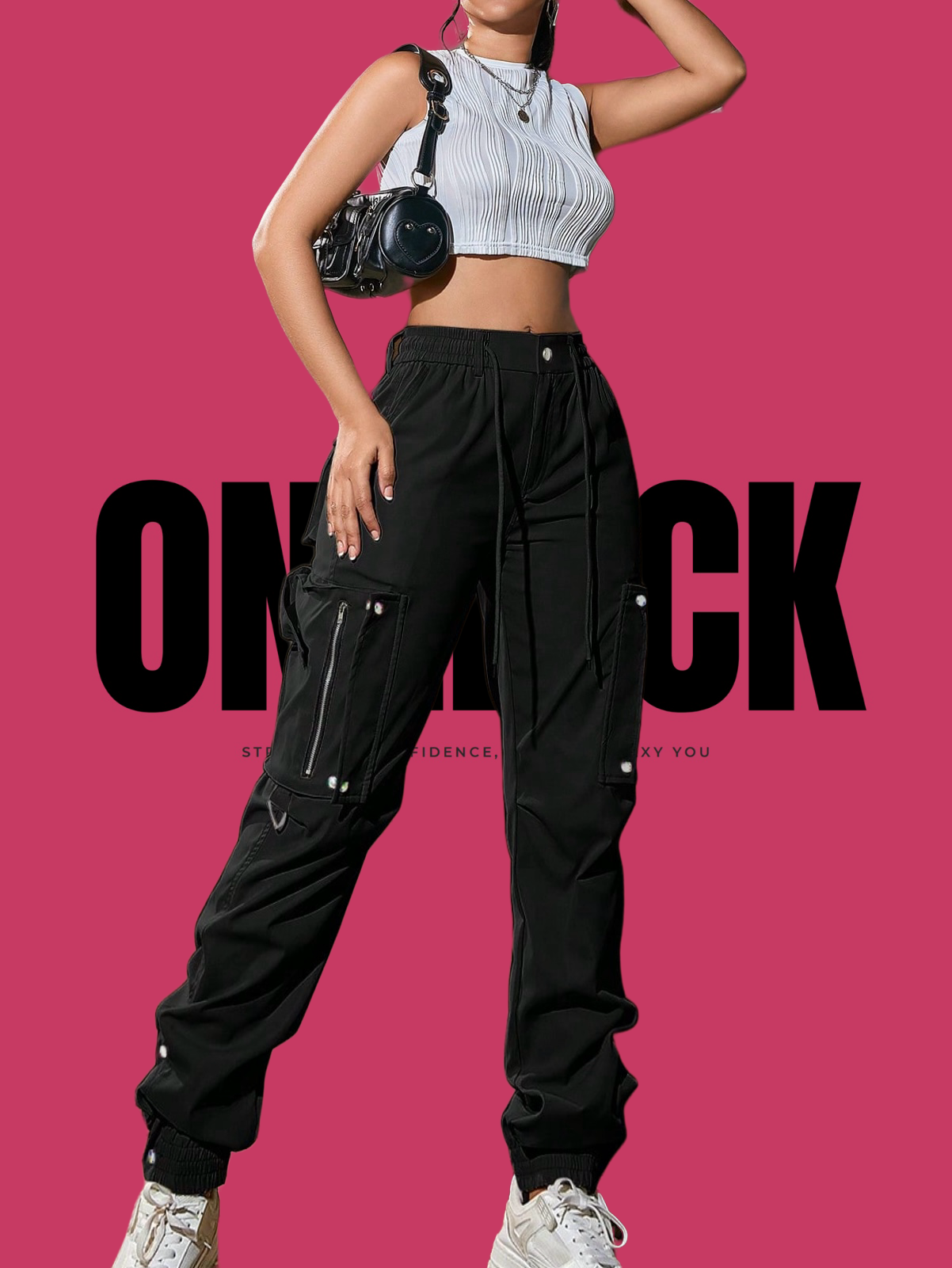 ONEPICK Black Elastic Waist With Drawstring Flap Pocket Zipper Detail Metal Button Slit Hem Cargo Jogger Pants