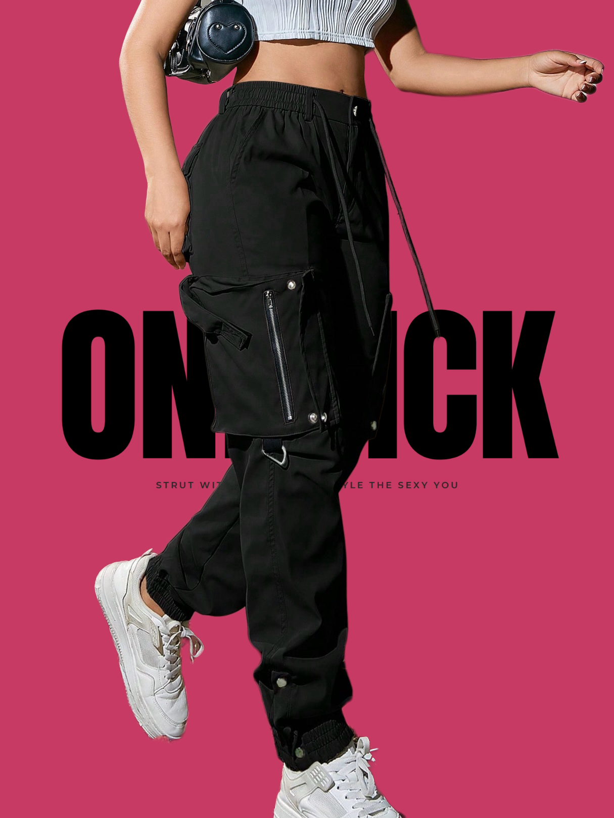 ONEPICK Black Elastic Waist With Drawstring Flap Pocket Zipper Detail Metal Button Slit Hem Cargo Jogger Pants