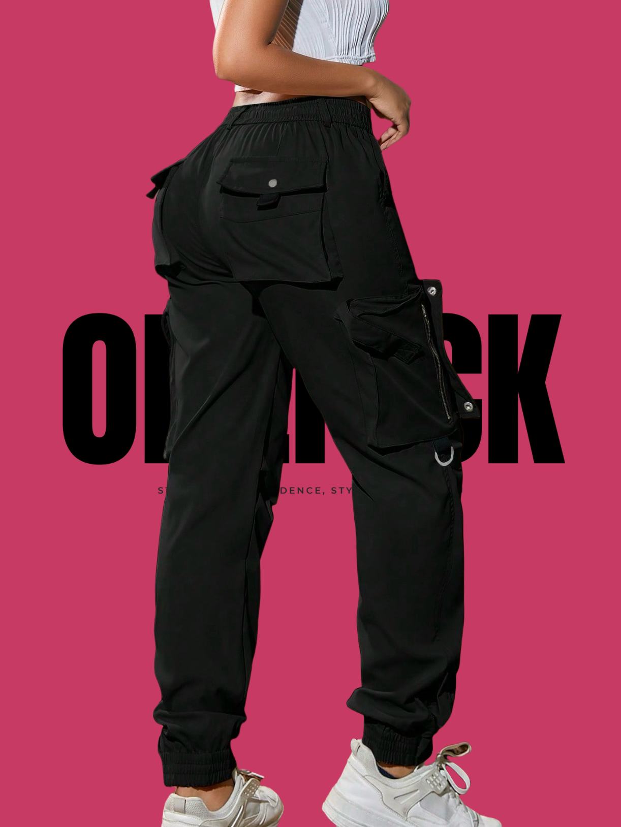 ONEPICK Black Elastic Waist With Drawstring Flap Pocket Zipper Detail Metal Button Slit Hem Cargo Jogger Pants