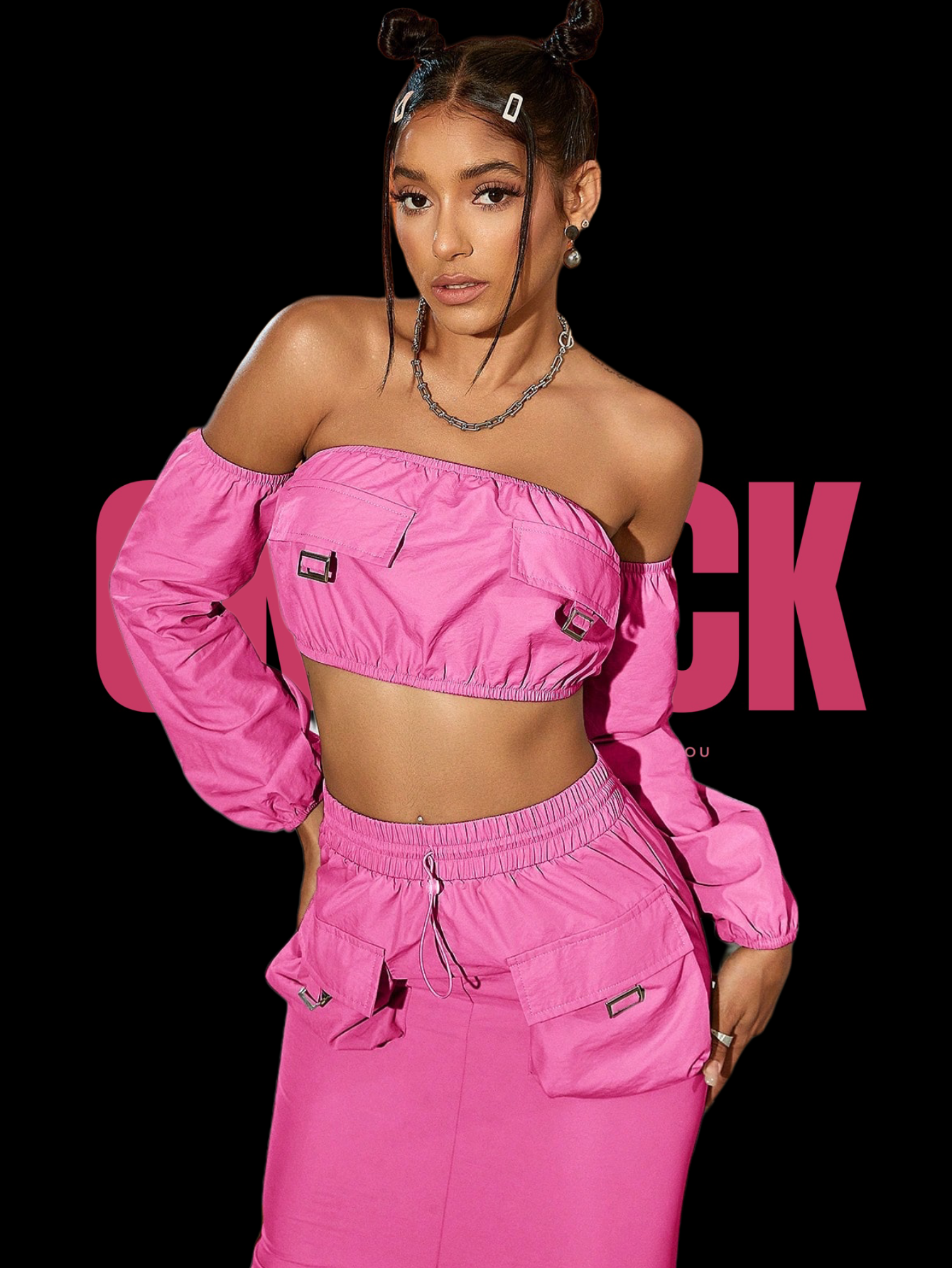 ONEPICK Hot Pink Off-Shoulder Crop Top & Split Thigh Skirt