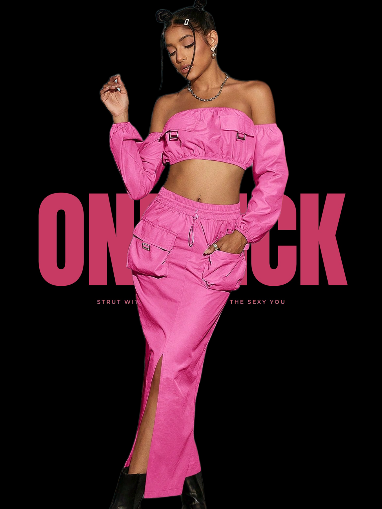 ONEPICK Hot Pink Off-Shoulder Crop Top & Split Thigh Skirt