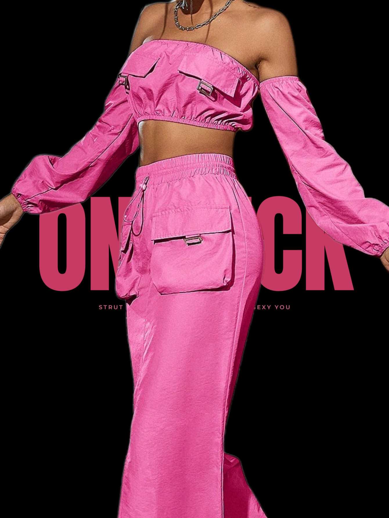 ONEPICK Hot Pink Off-Shoulder Crop Top & Split Thigh Skirt