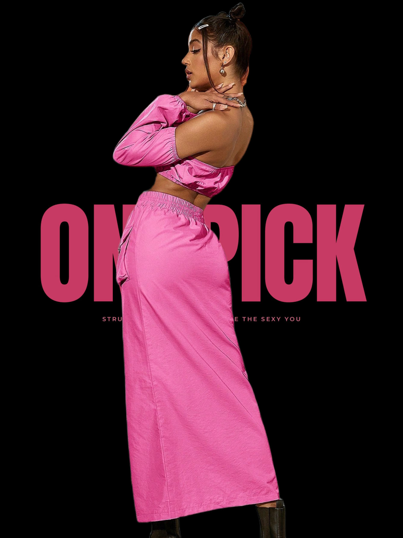 ONEPICK Hot Pink Off-Shoulder Crop Top & Split Thigh Skirt